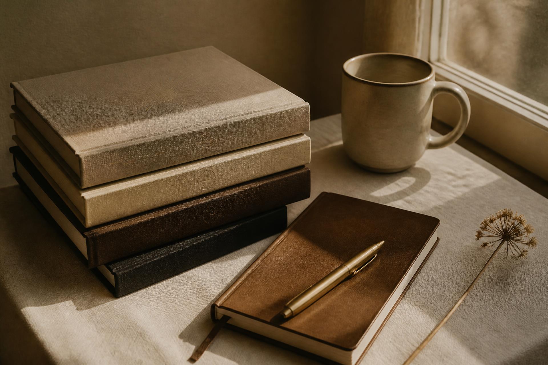 Stack of branded matte hardcover playbooks, leather notebook, brass pen, and ceramic mug on sunlit linen beside a window