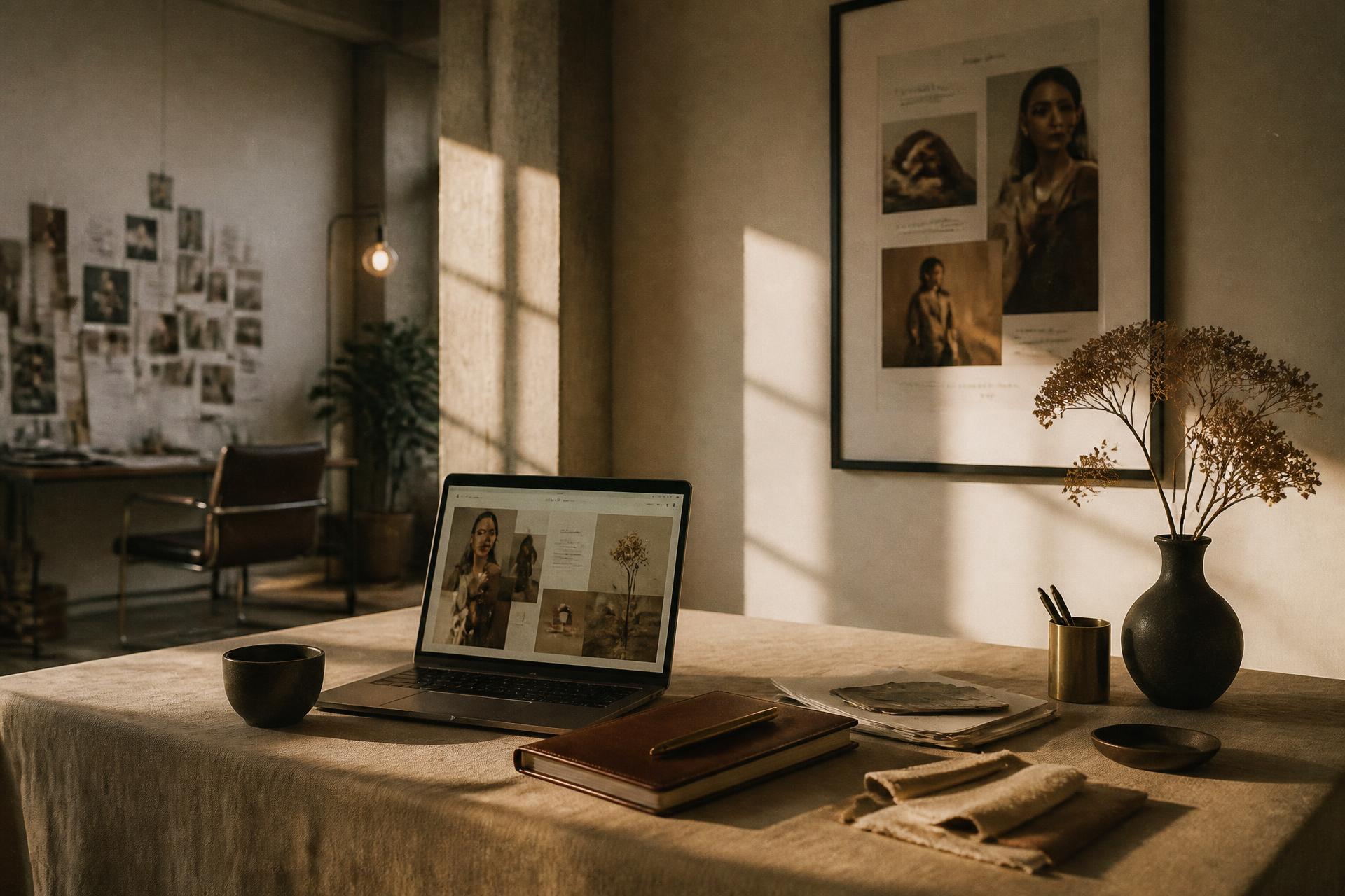 Sophisticated studio with an open laptop showing a brand presentation, leather notebook, brass pen, and framed campaign print in warm window light