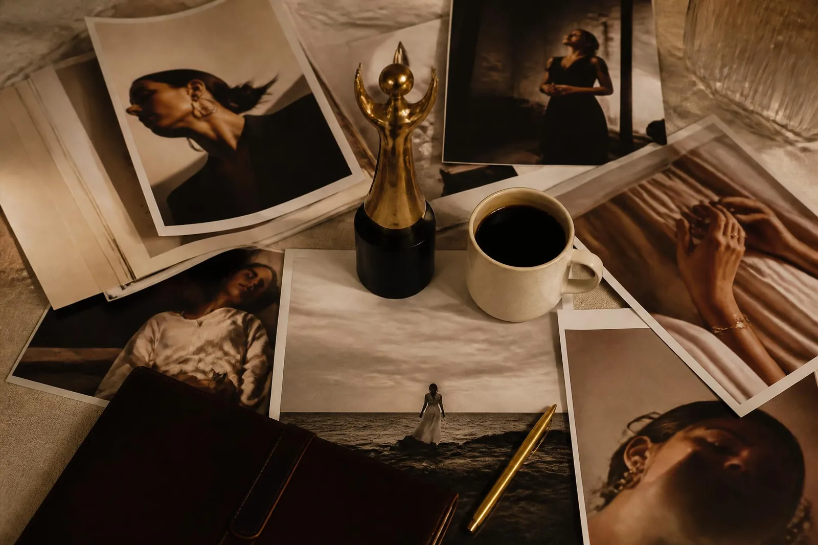 Editorial flatlay of press tearsheets, a brass award, leather portfolio, and ceramic coffee cup in warm studio light