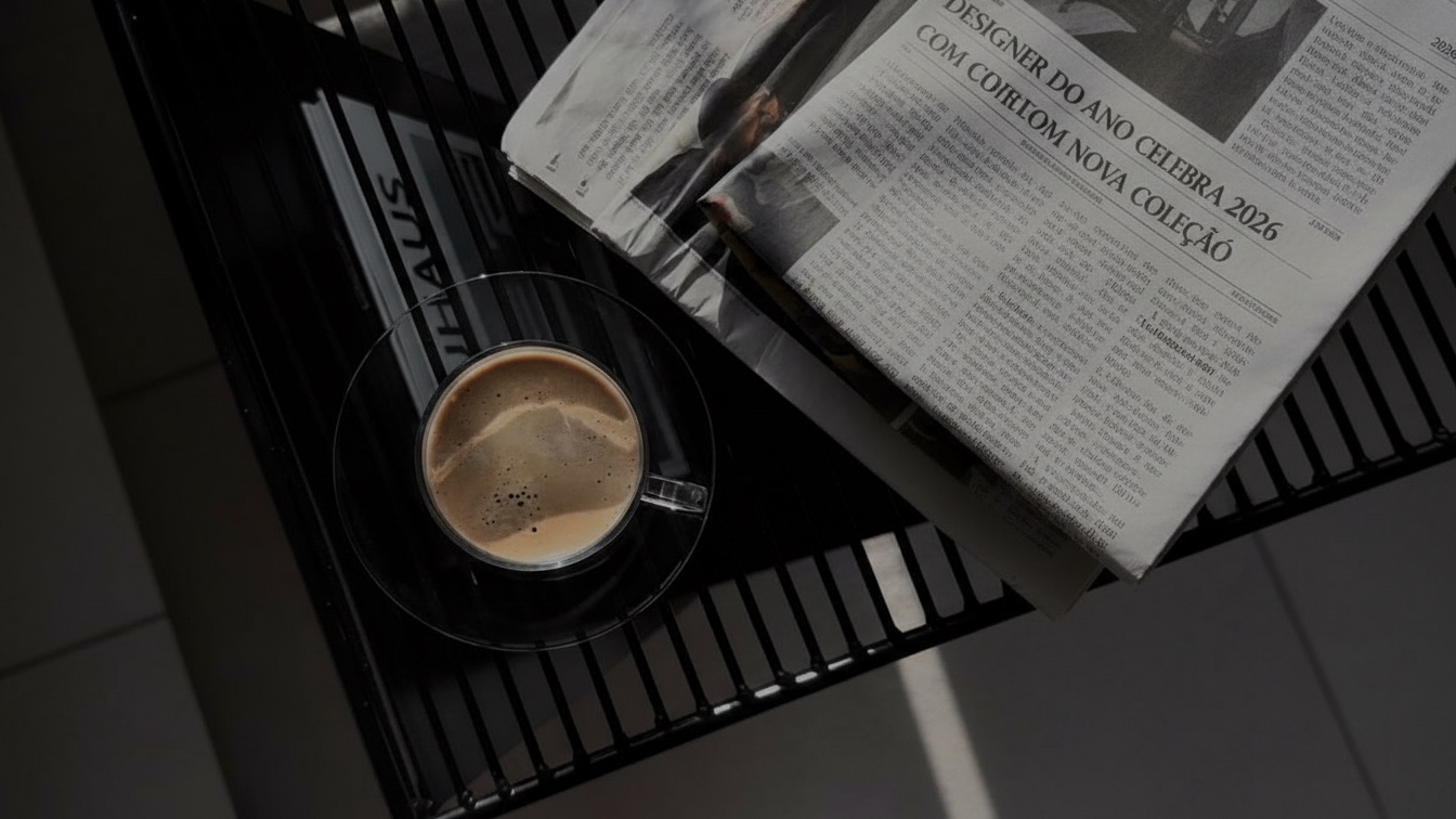 Overhead view of an espresso in a glass cup and a folded newspaper resting on a dark metal café table